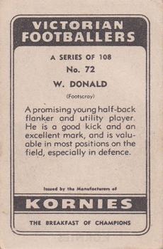 1949 Kornies Victorian Footballers #72 Wally Donald Back